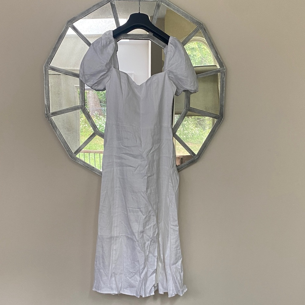 Reformation White Puff Sleeve Linen Dress with cute bow back